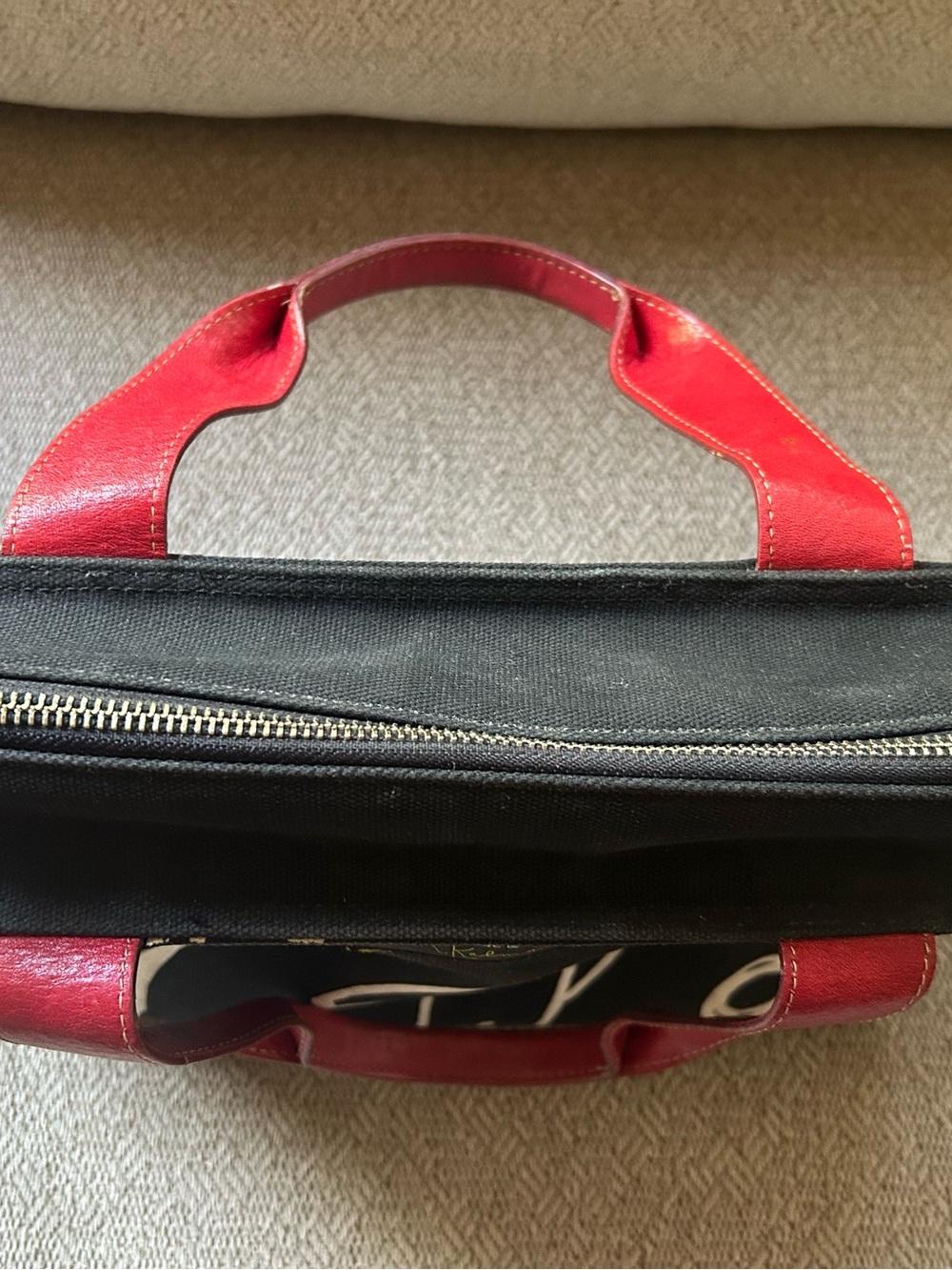 kate spade M Kalman Vtg Rare Black Canvas Bag Red Leather Handles Artsy Pop Art - Picture 11 of 16